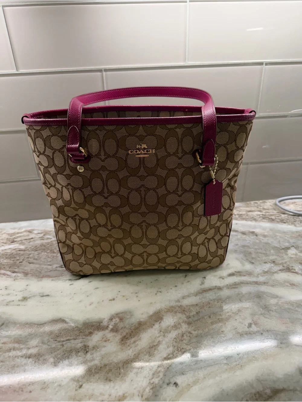 Coach Khaki Signature Canvas Tote with Berry Trim